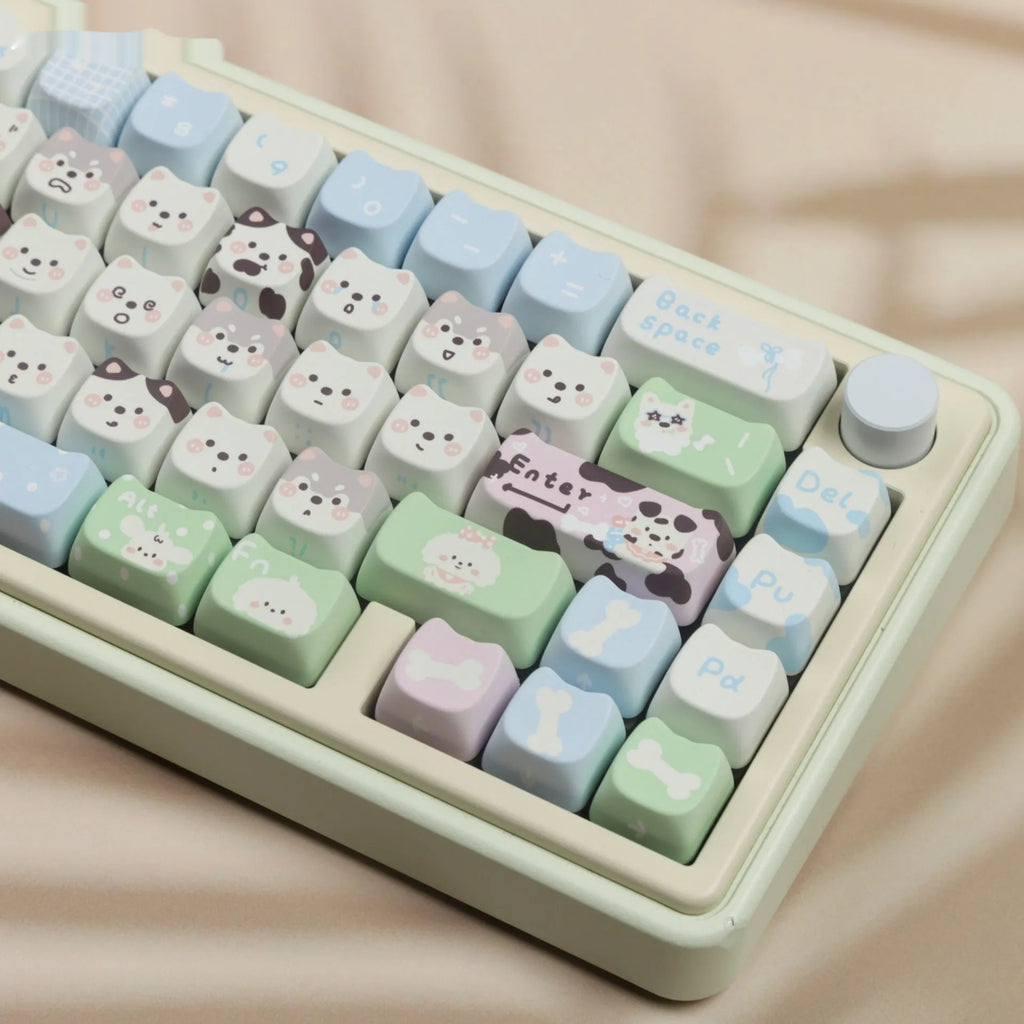 Complete set of PBT keycaps with cat and puppy sublimation designs for mechanical keyboards