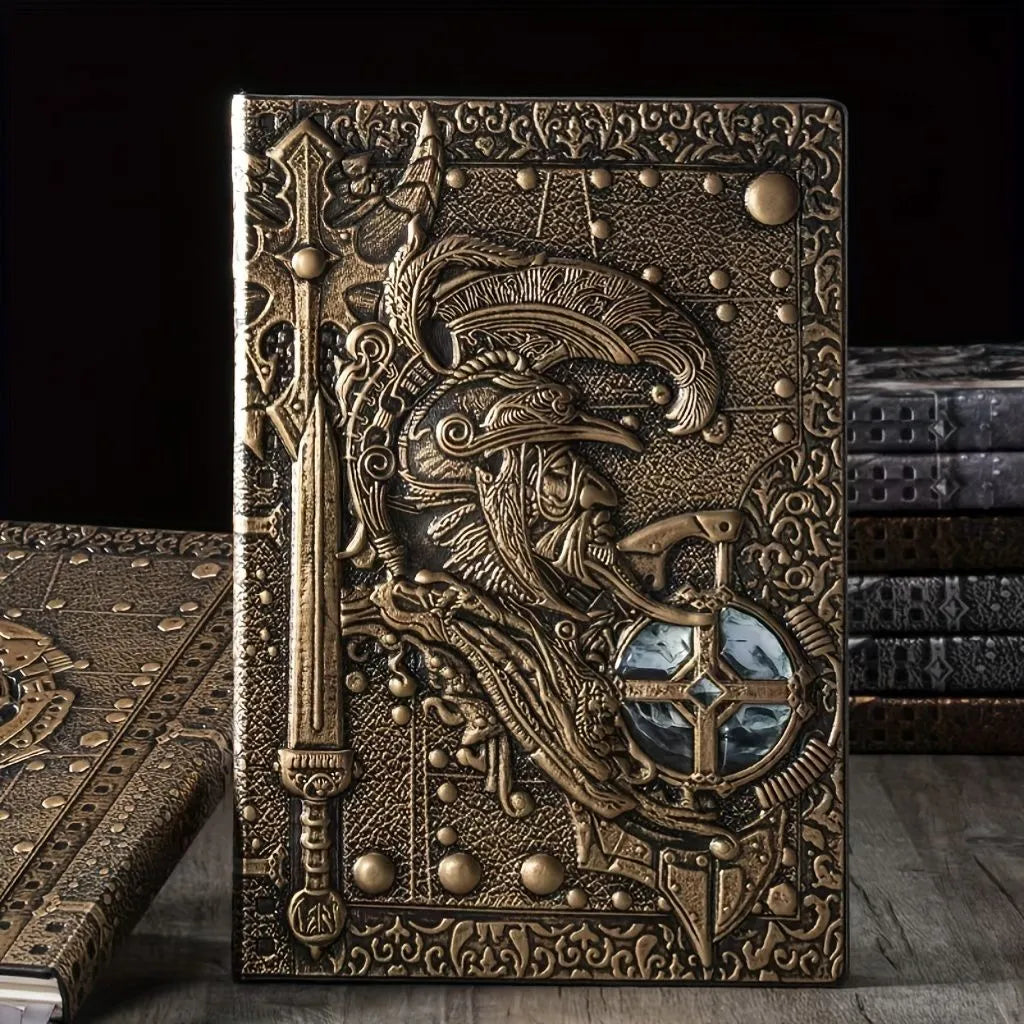 Handmade leather A5 notebook with 3D warriors relief embossed cover, open to show paper pages