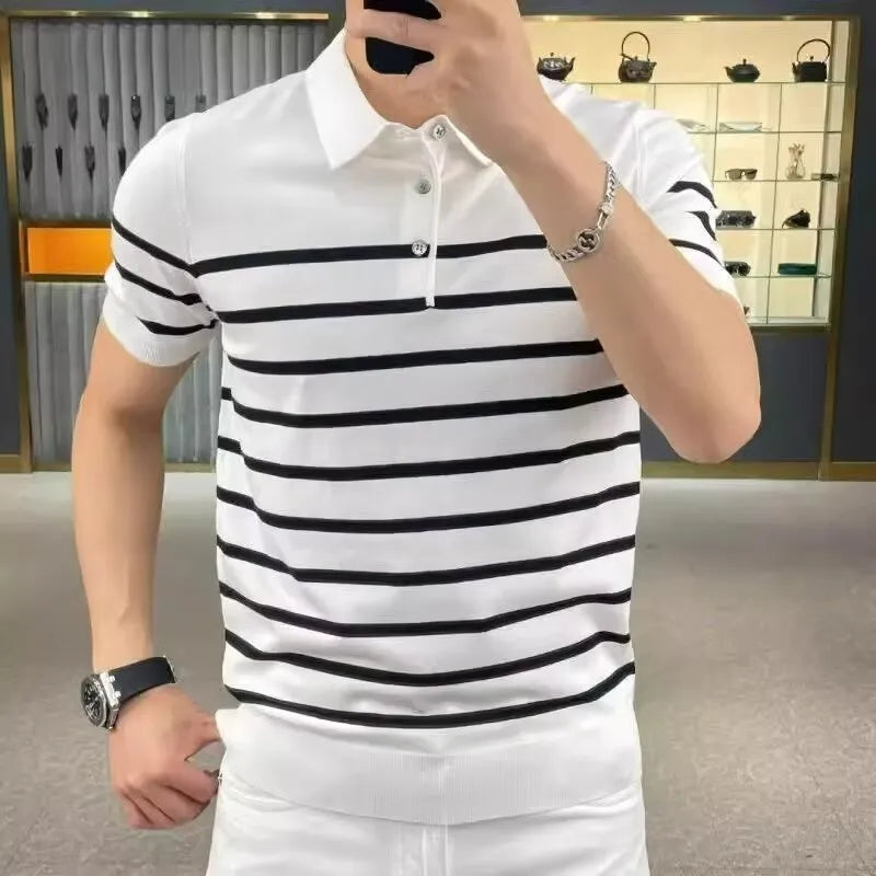 Black and white striped knitted T-shirt with a lapel collar, shown as a pullover.