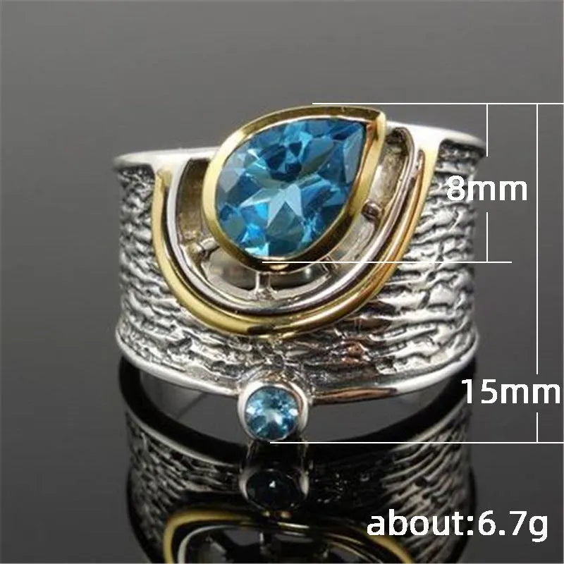 Chinese style women's blue zircon alloy ring with drop shape design