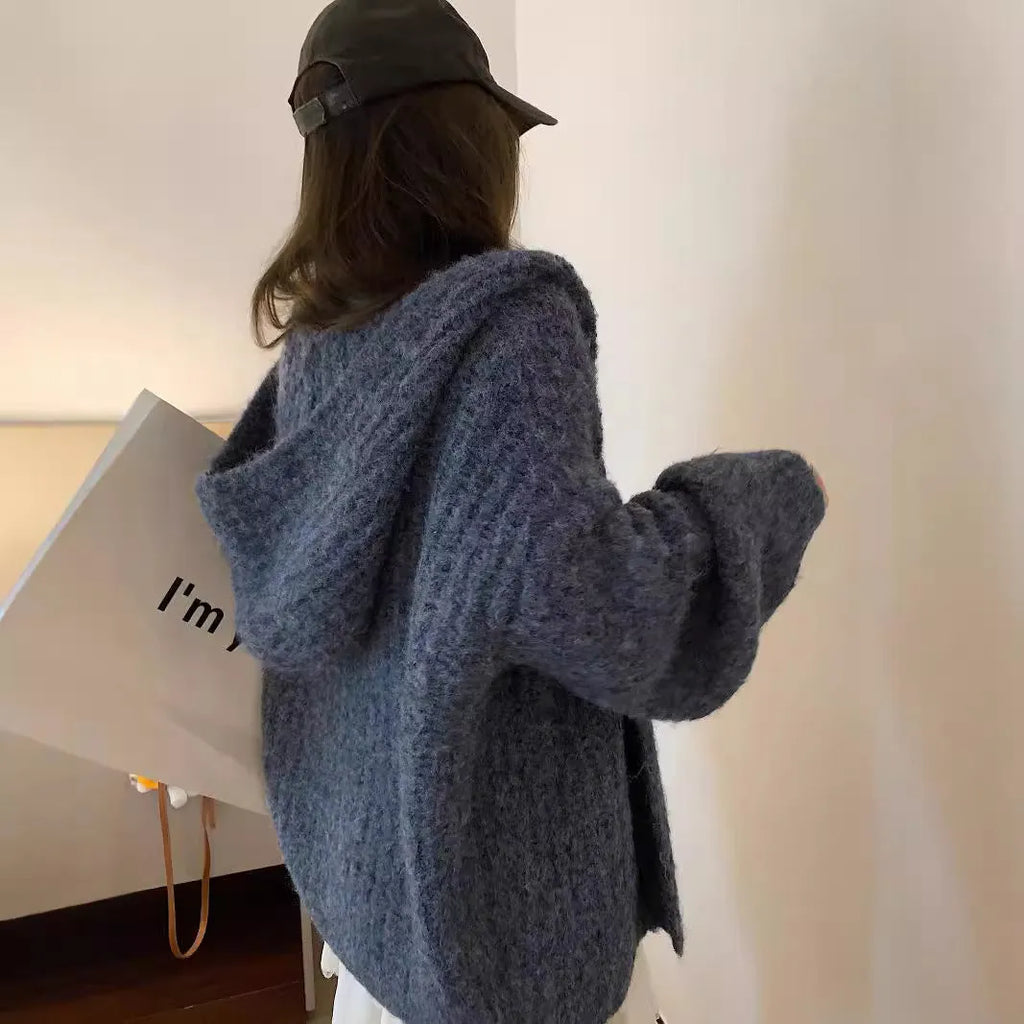 Retro Maillard hooded sweater cardigan for women in dark grey, brown or milky white solid colours