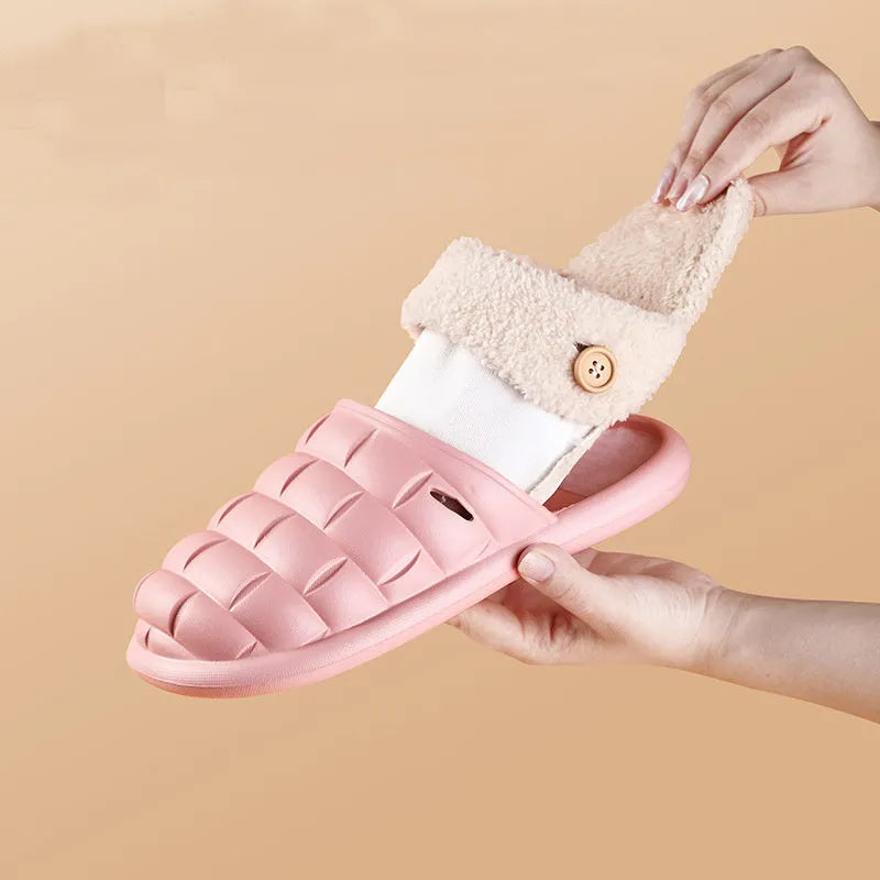 Women's detachable plush-lined EVA slippers in pink with non-slip soles for winter indoor wear
