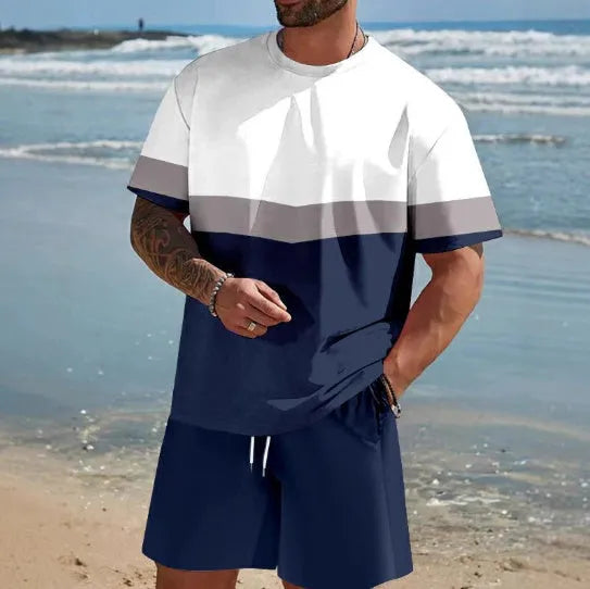 Men's loose fit summer shorts suit in cool-feel polyester fibre with short-sleeved t-shirt and matching trousers
