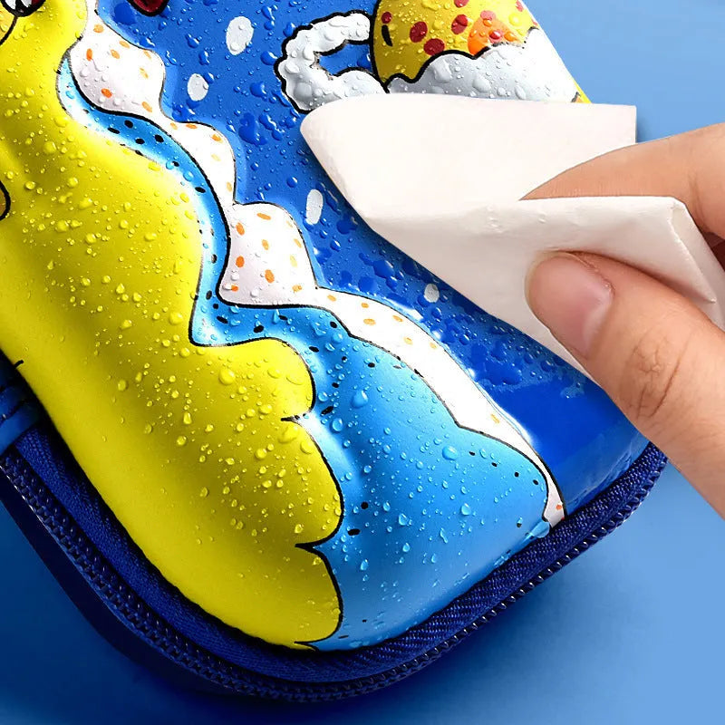3D leather pencil case with colourful astronaut and spaceship design on a blue background