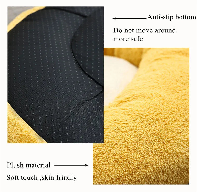 Corgi-shaped soft plush pet bed for dogs and cats with PP cotton filling, shown in available sizes.