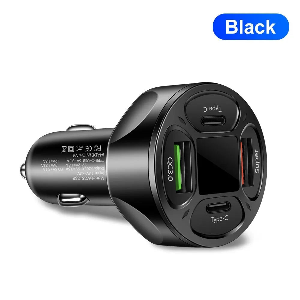 Black digital display car charger with two USB ports and two Type-C ports