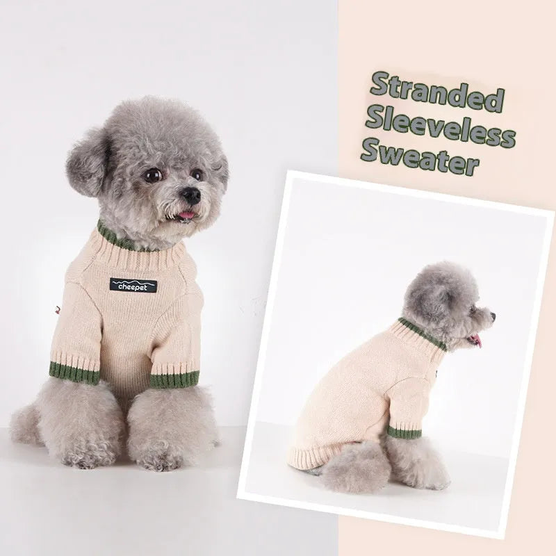 British style two-leg dog sweater in wool blend, shown in Crown Blue colour on a dog.
