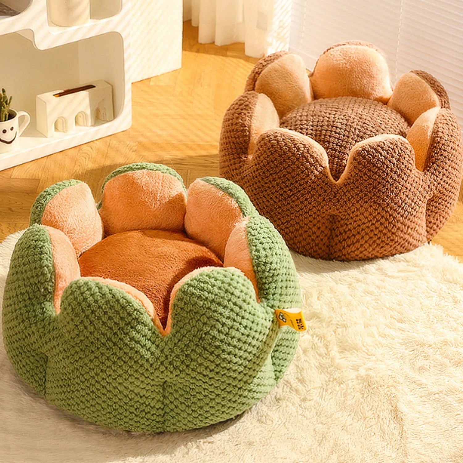 Green cactus petal shape pet kennel bed for cats and dogs with plush interior and non-slip bottom