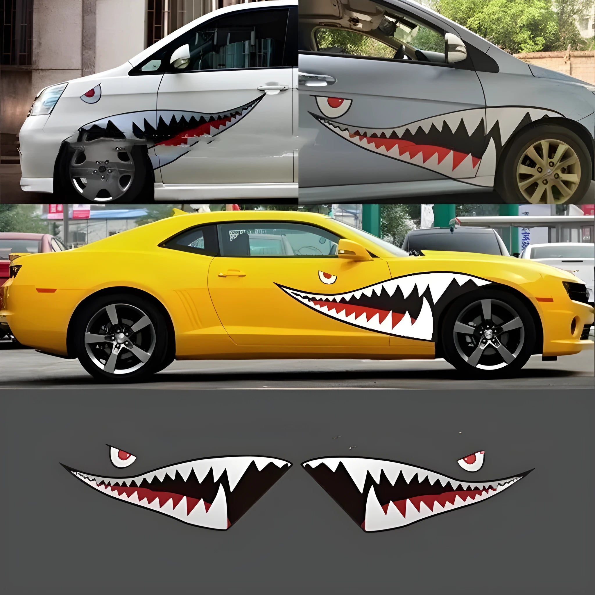 Large shark-themed latte art PVC body sticker for cars, showing Model A and Model B size options.