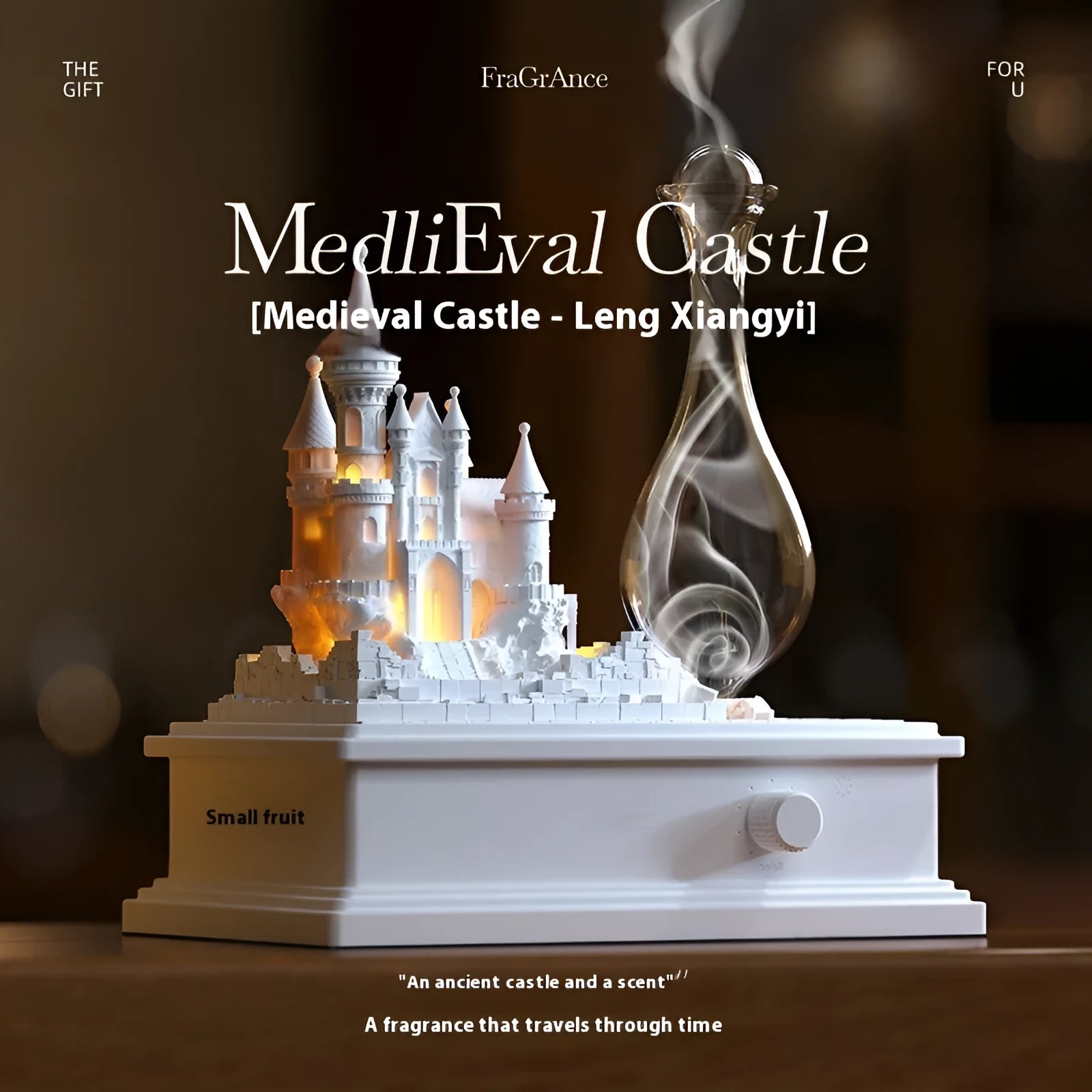 White medieval castle design waterless aromatherapy machine with ambient light on a table.
