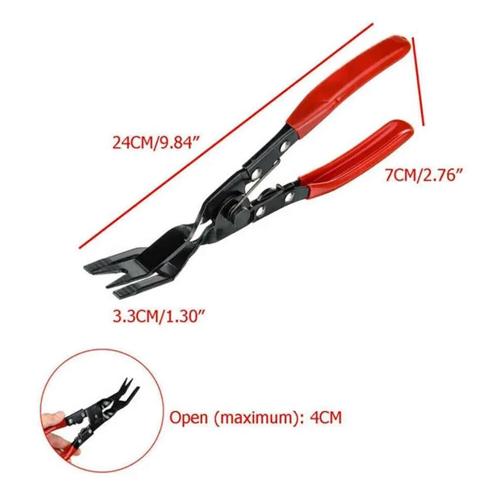 Steel car universal disassembly separator pliers with blue handles for removing interior clamps and door panels.