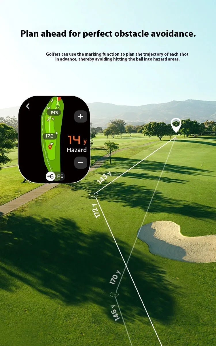 Black GenePro G1 golf GPS rangefinder with AMOLED display showing distance measurement