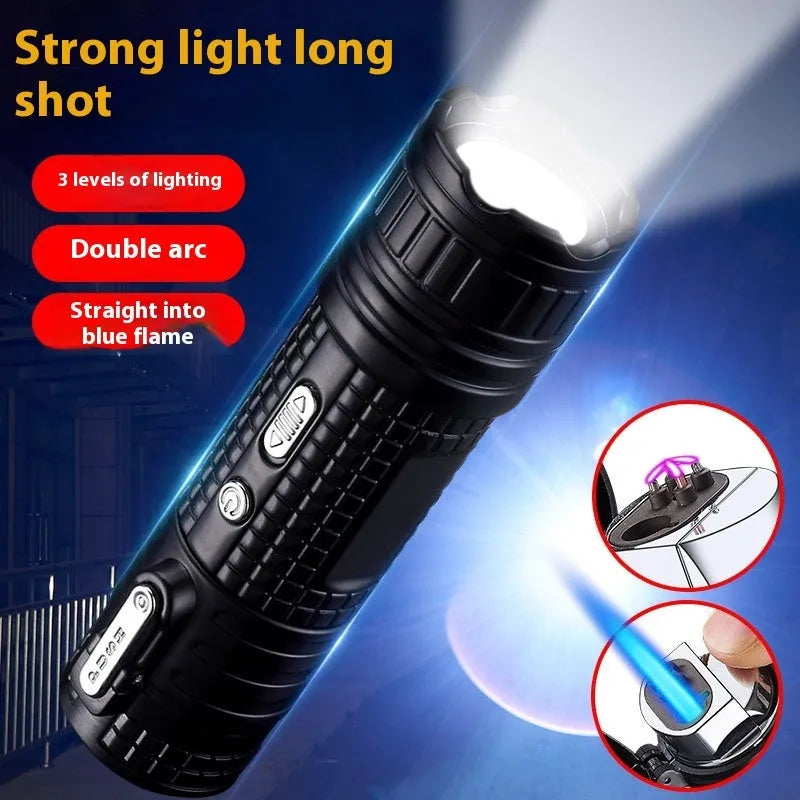 TH727 multi-function metal waterproof flashlight lighter in camouflage, red, black, blue, and yellow colour options.
