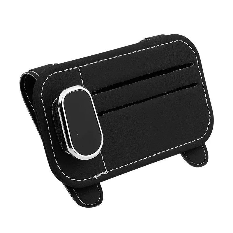 Automotive sun louver card holder in cowhide leather with snap-on clip for vehicle organisation