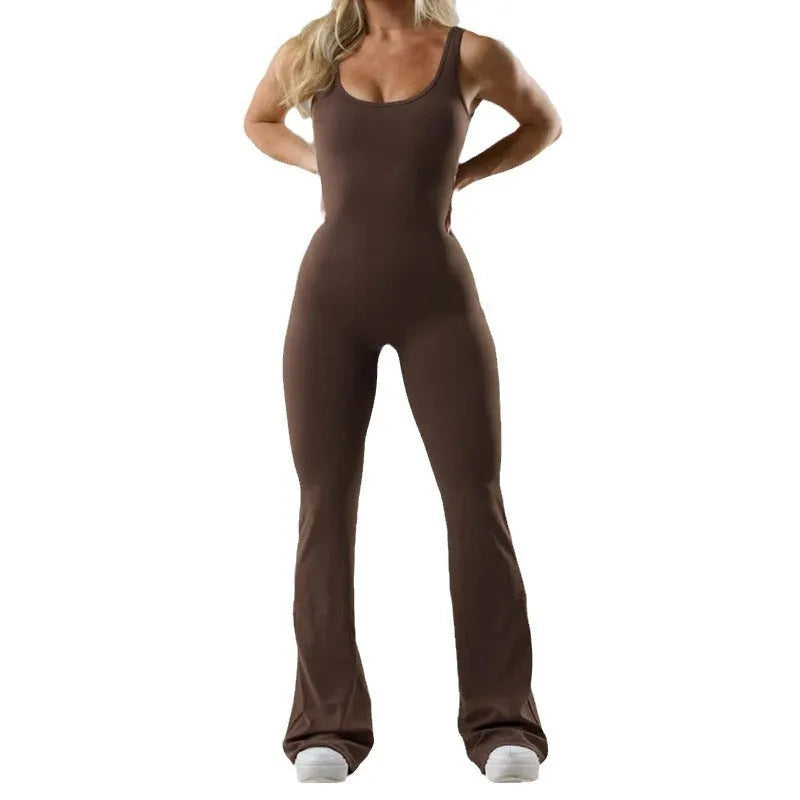 Women's black milk silk yoga bodysuit with seamless design and trousers length.