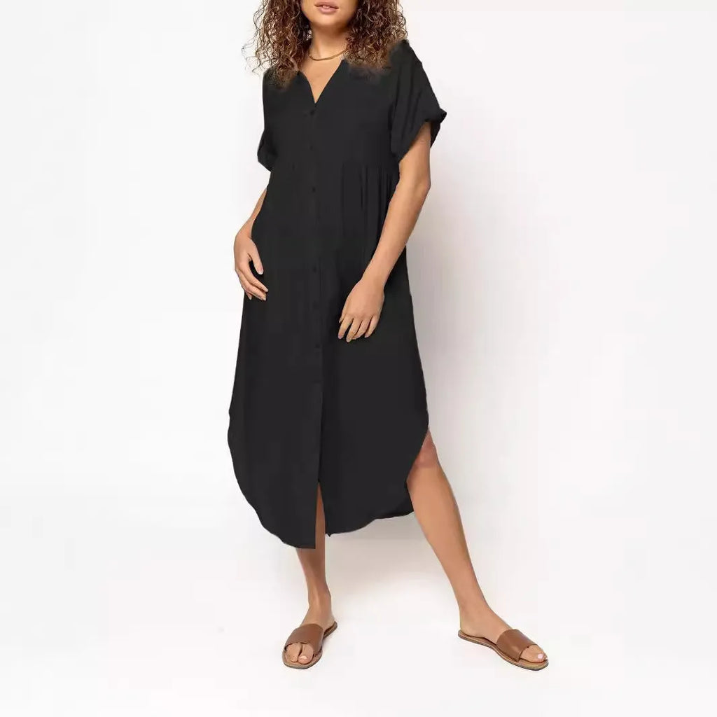 Loose casual mid-length dress with button-front design in solid colours