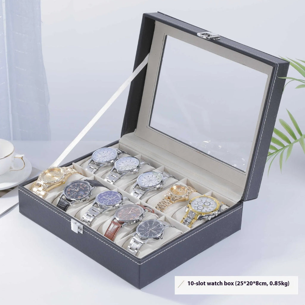 Leather watch storage box with clear dustproof lid showing multiple watch compartments
