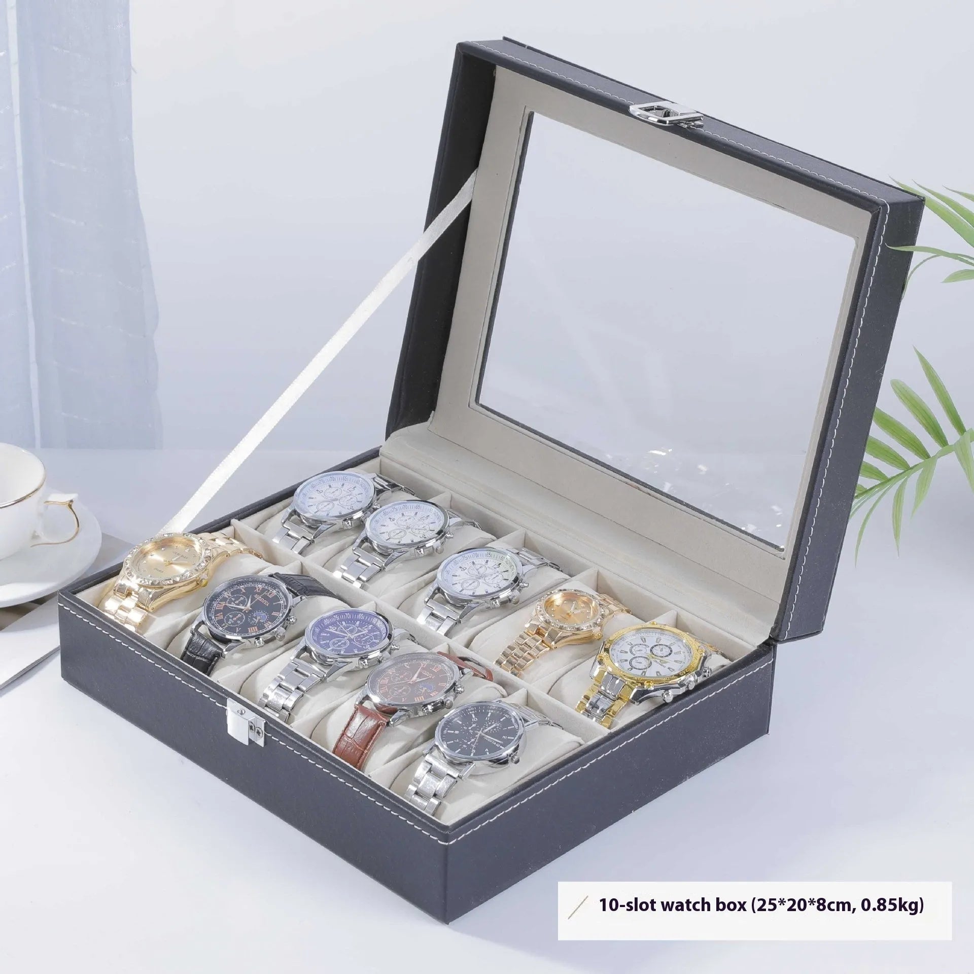 Leather watch storage box with clear dustproof lid showing multiple watch compartments