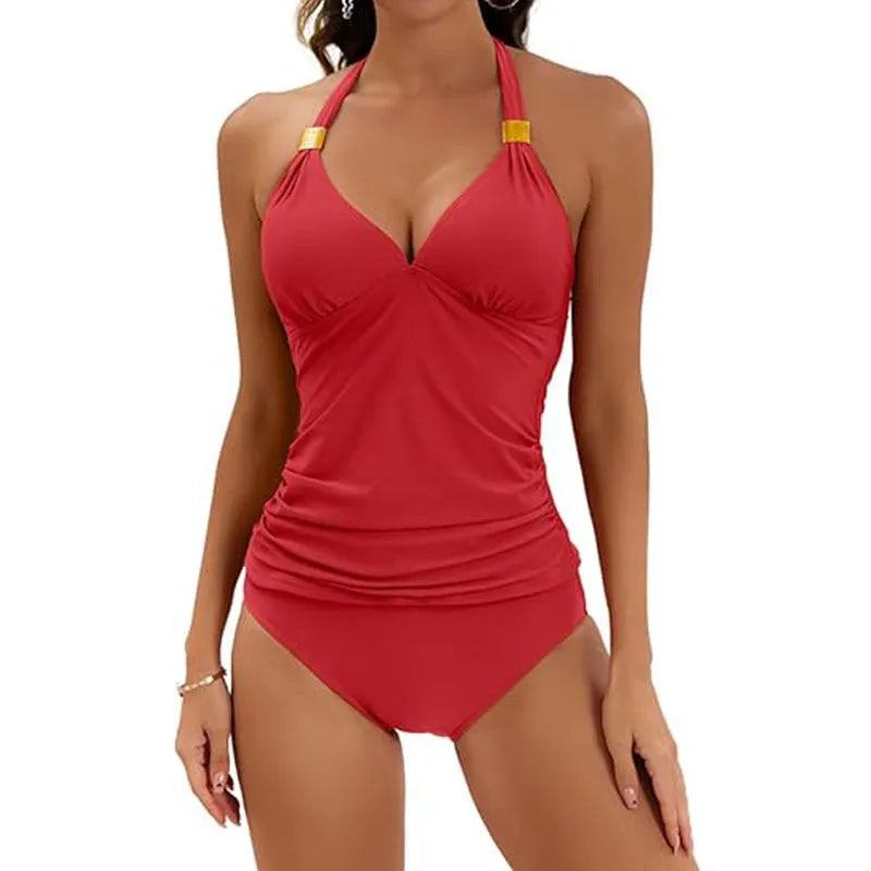 Women's halter neck two-piece swimsuit with adjustable tie sides in solid colour