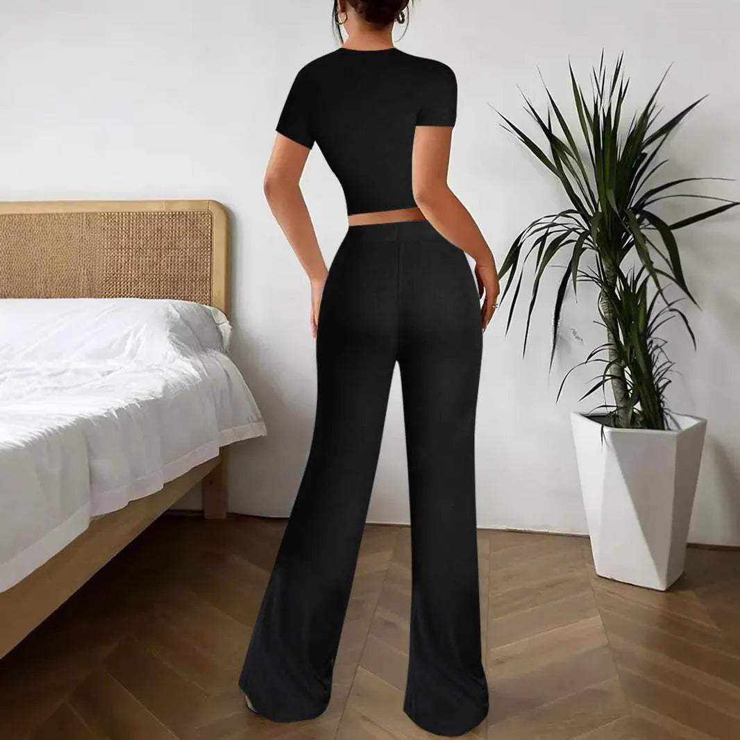 Black high-waist trousers and short-sleeve t-shirt polyester suit set displayed together
