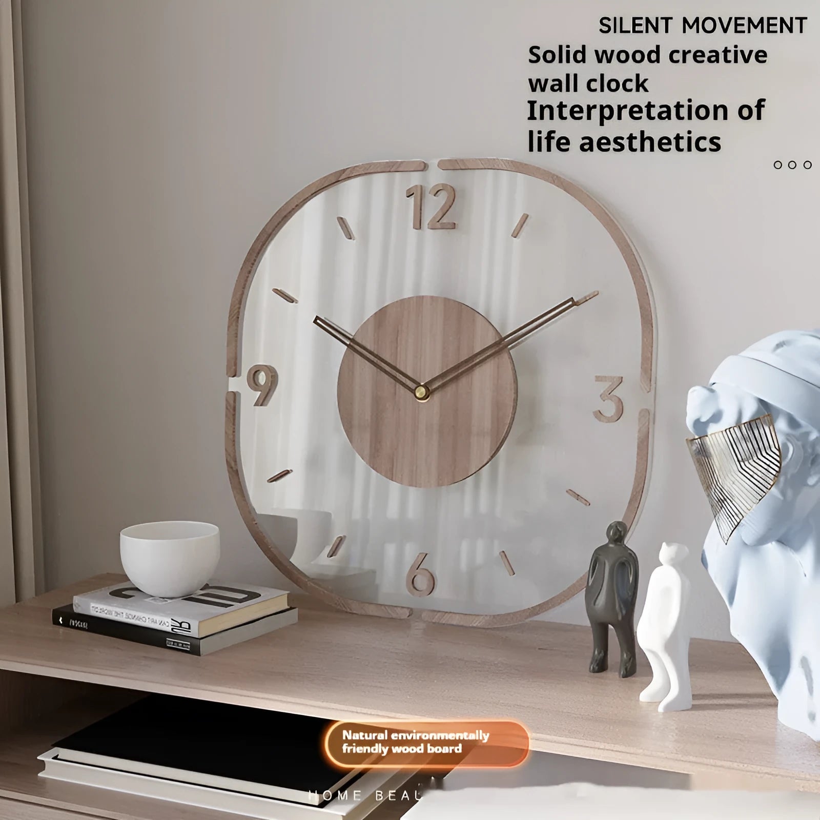 Modern square transparent wooden wall clock showing visible mechanical gears, 35cm size.