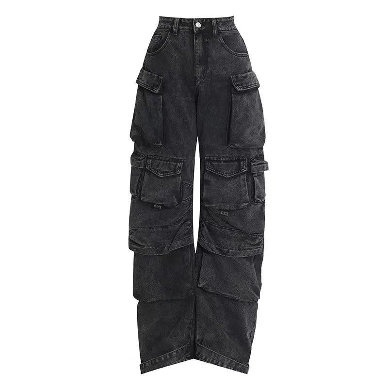 Women's blue high waist wide leg denim jeans with multiple pockets on a neutral background.