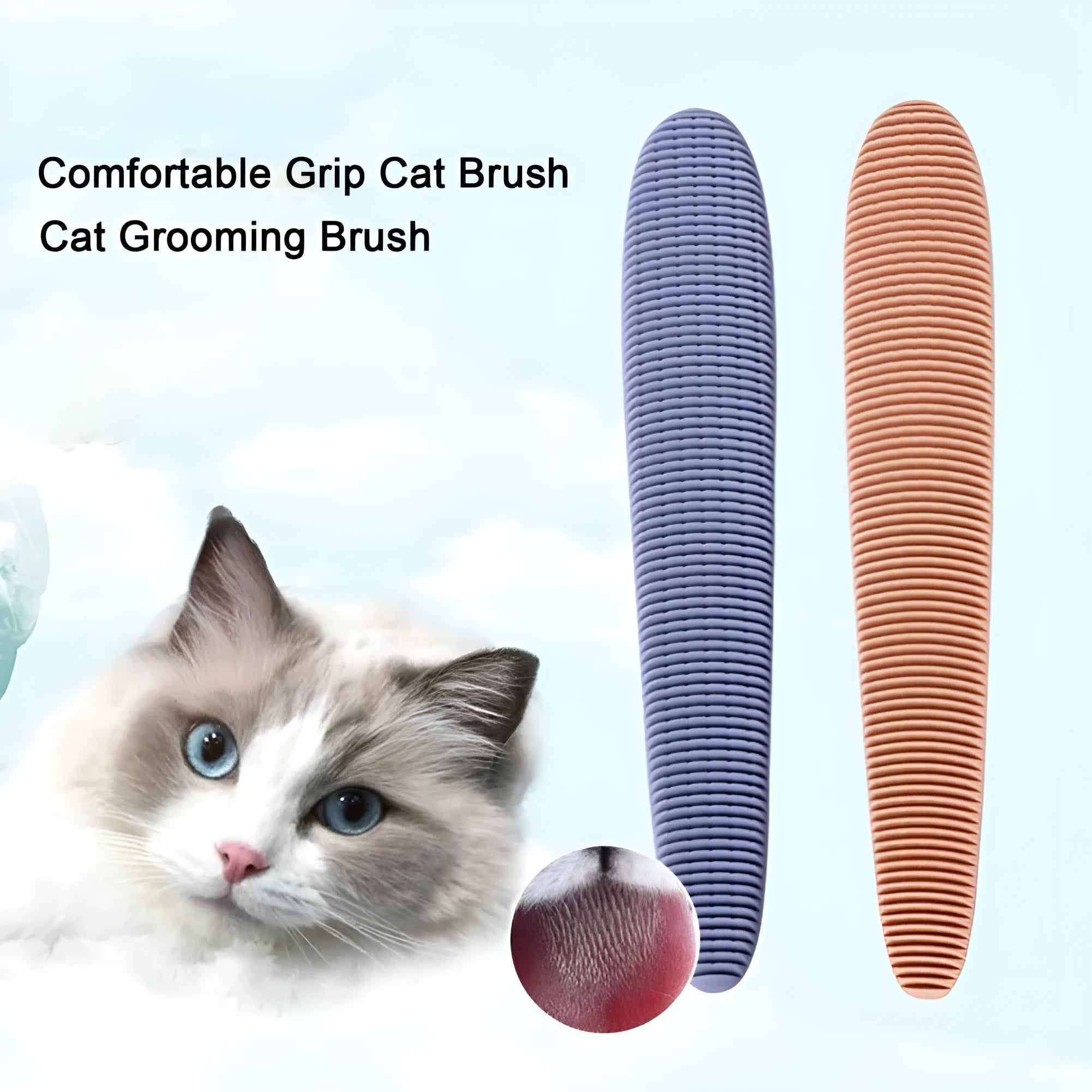 Grey and pink cat grooming combs with tongue massager design and dual ends
