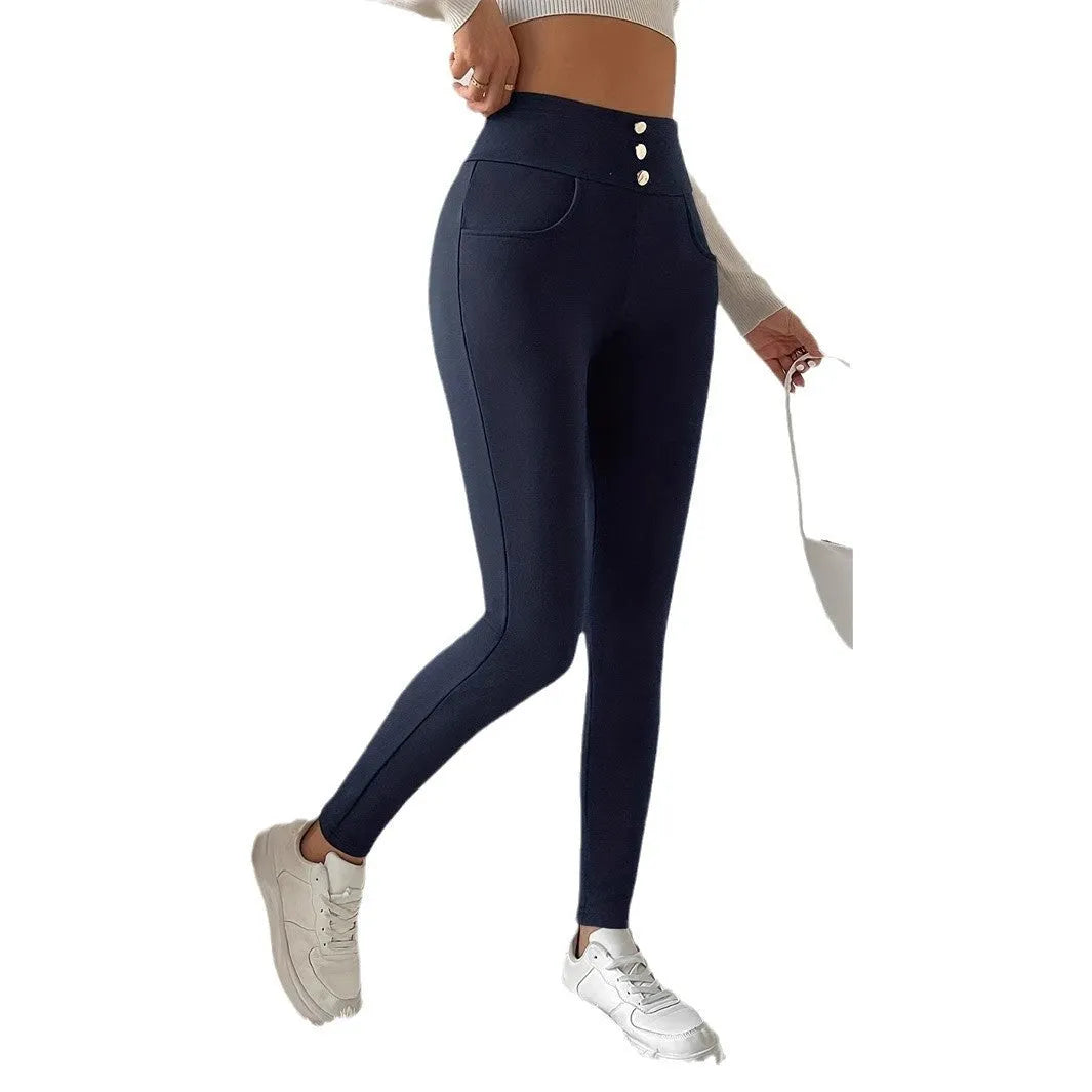 Women's navy blue high waist straight leg trousers with Japanese Korean style casual design