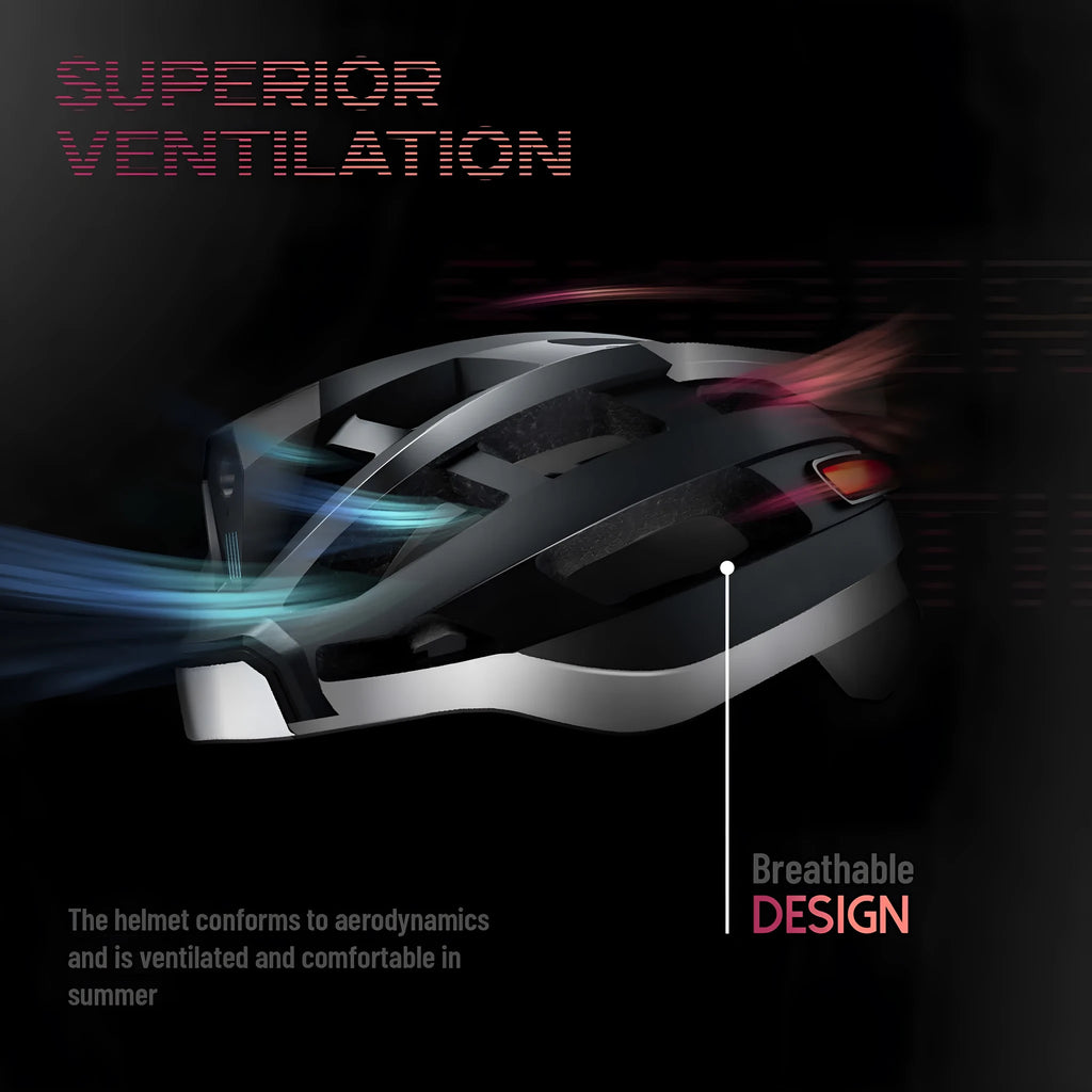 Black and grey smart cycling helmet with integrated LED warning lights on adult model