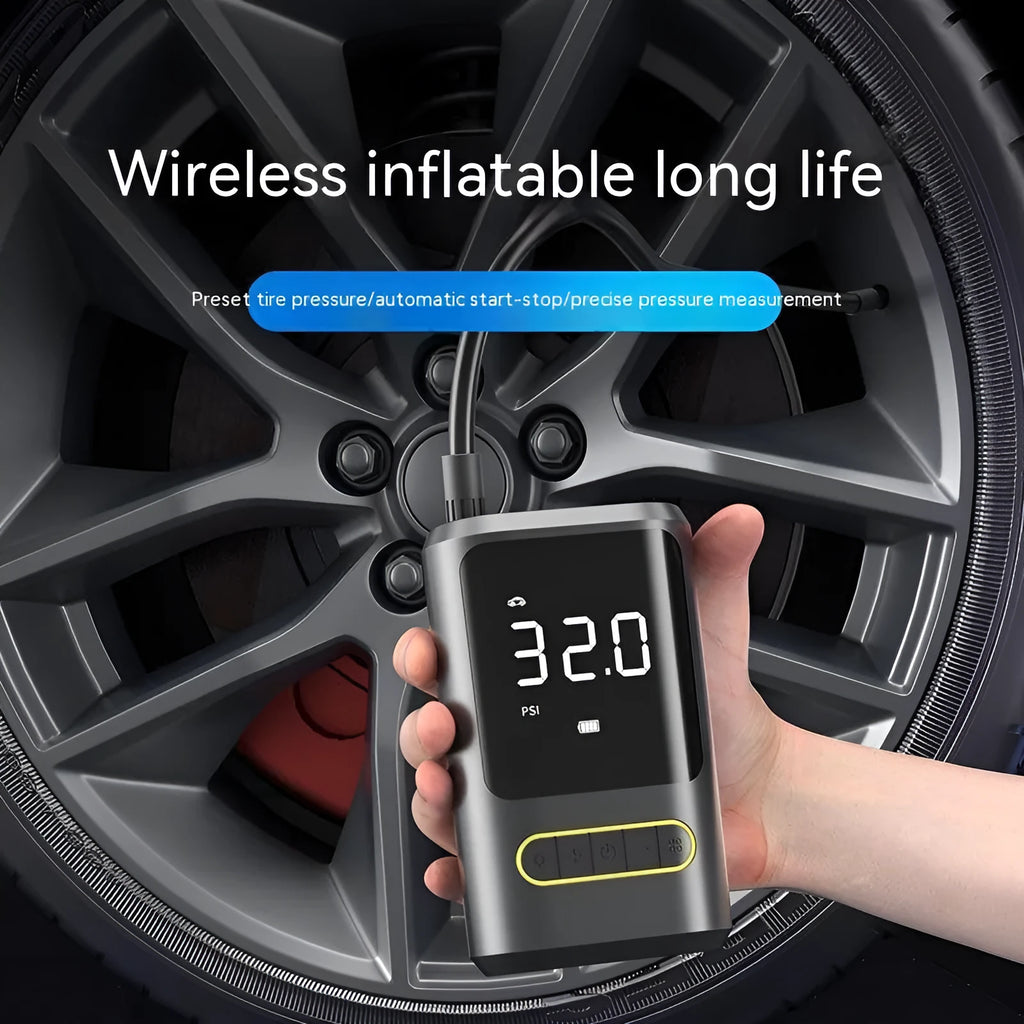 Handheld wireless digital display car tyre inflator with LED light and connection cables