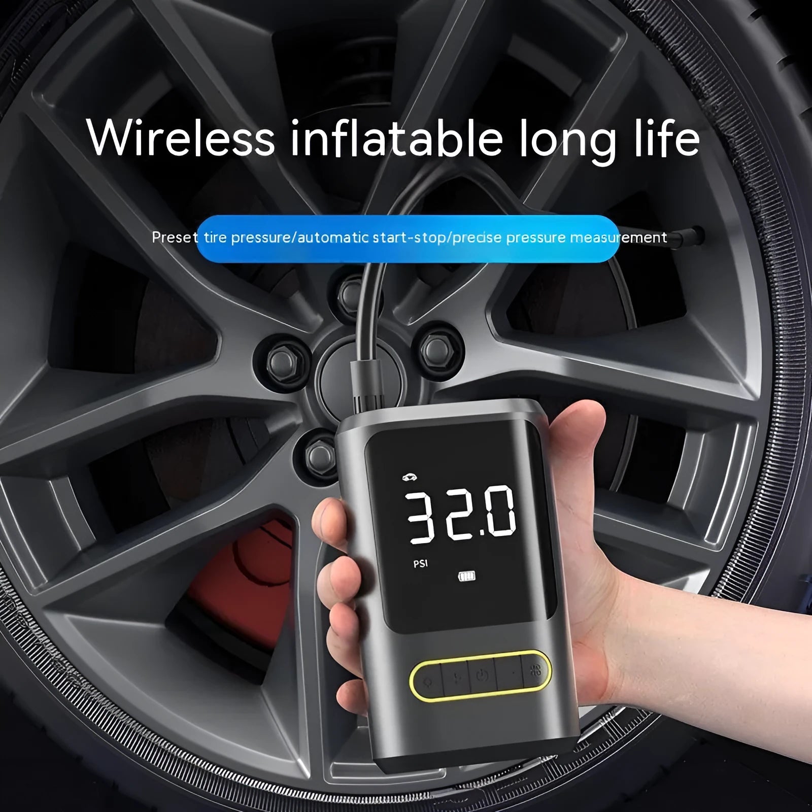 Handheld wireless digital display car tyre inflator with LED light and connection cables