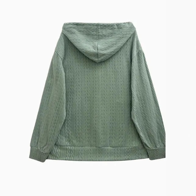Green women's hooded sweater coat with zip front, loose fit, and long sleeves.
