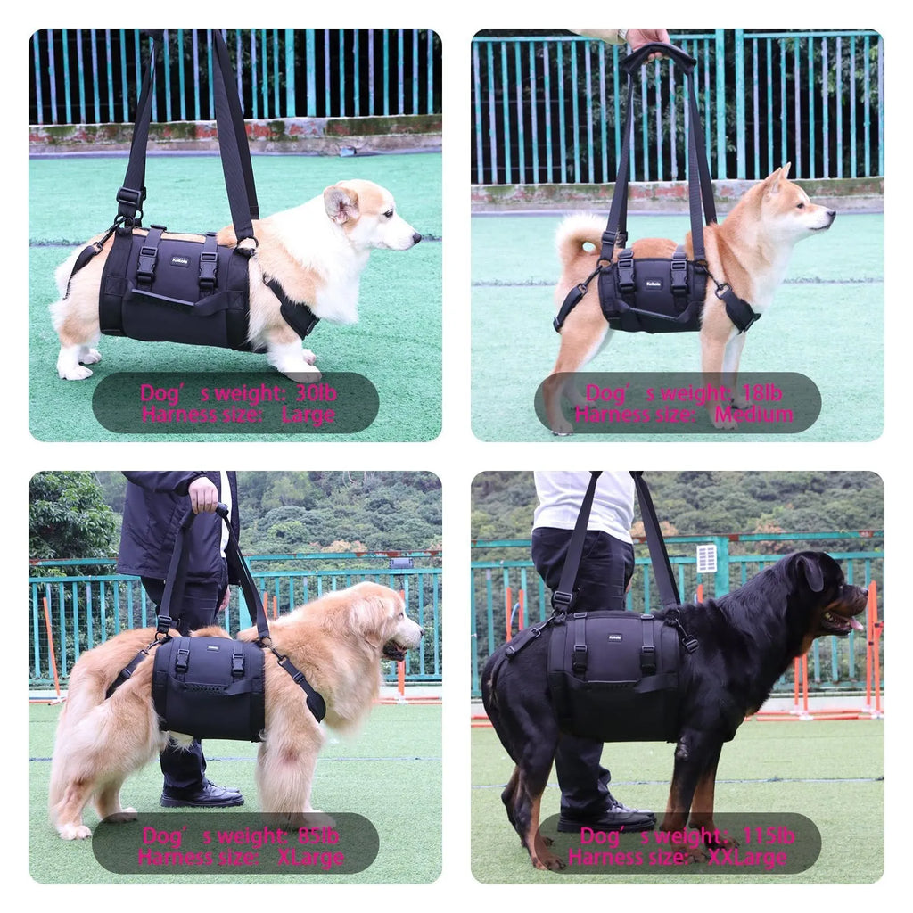 Black Oxford cloth dog harness with breast strap for leg support rehabilitation