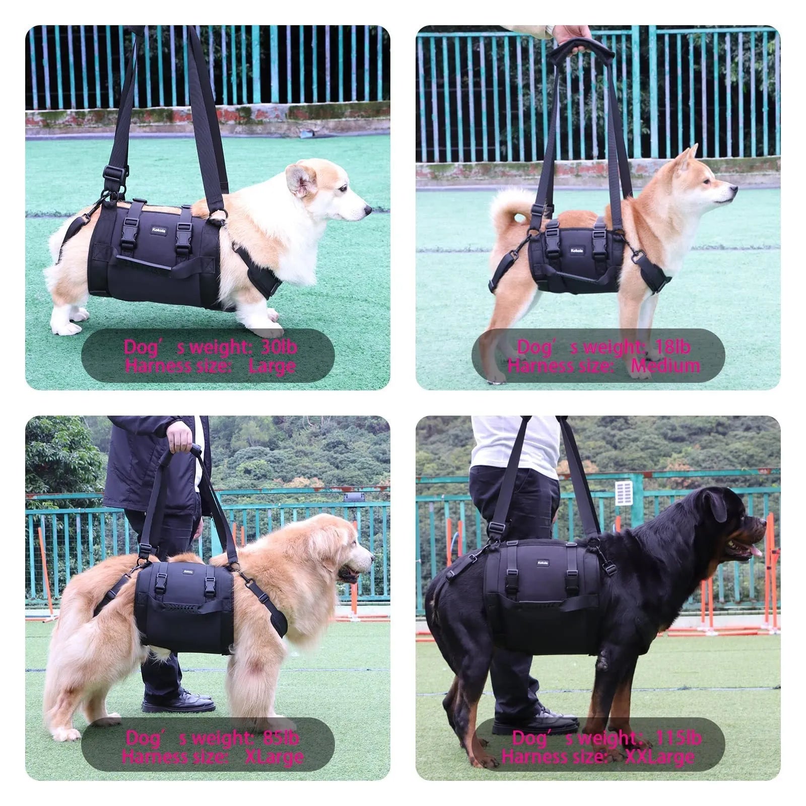 Black Oxford cloth dog harness with breast strap for leg support rehabilitation