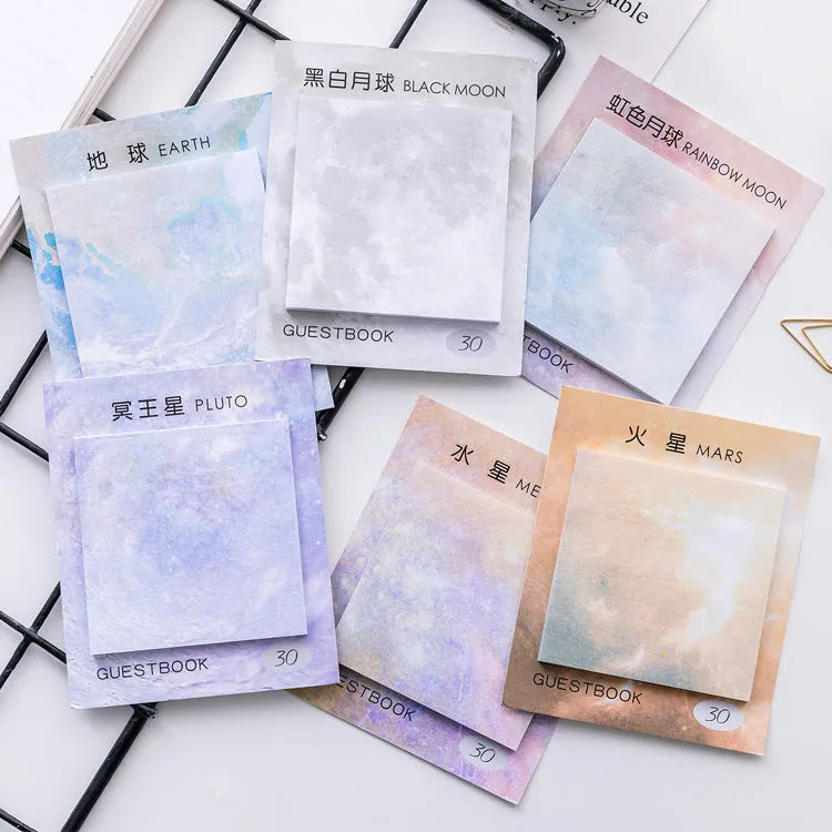 Square planet oil painting sticky notes notepad showing 7.3cm size and cover colour options.