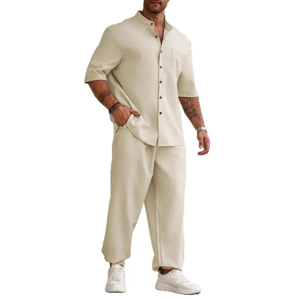 Men's casual cotton linen trousers set with button short-sleeve shirt in black, gray, and apricot colours
