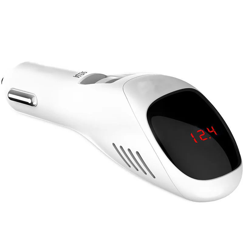 White car USB charger with integrated negative ion air purifier showing dual USB ports