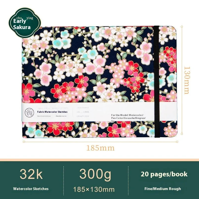 Feiluniao handmade fabric watercolour sketchbook with decorative cover, shown at 185mm length.