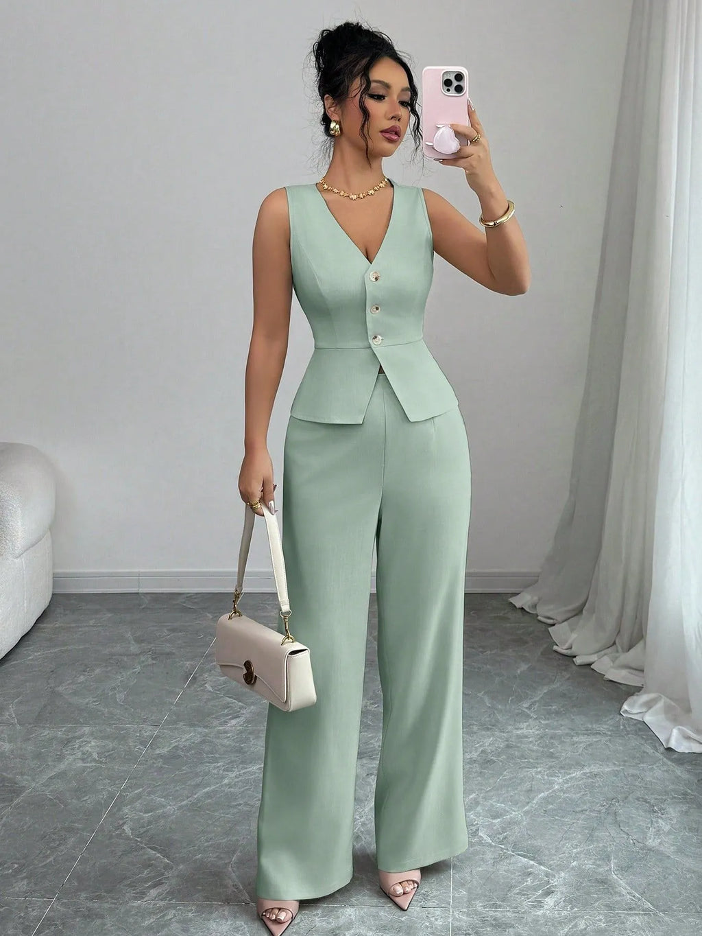 Japanese Korean style women's two-piece set with sleeveless vest and high waist trousers in solid colours