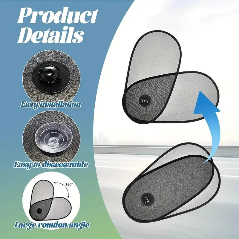 Black adjustable car window shade with suction cups stretched across vehicle side window