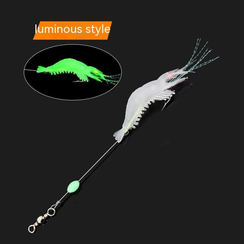 Six soft fishing lures with hooks in colours including black head yellow body, pink luminous, and red head yellow body.