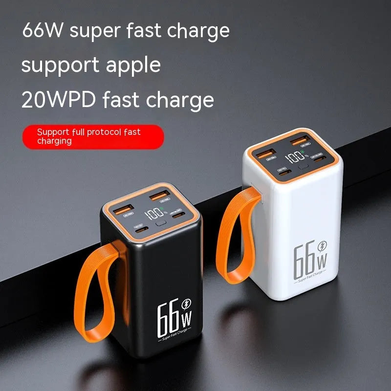 Black and white 20000 mAh fast charge power bank with creative design measuring 95mm