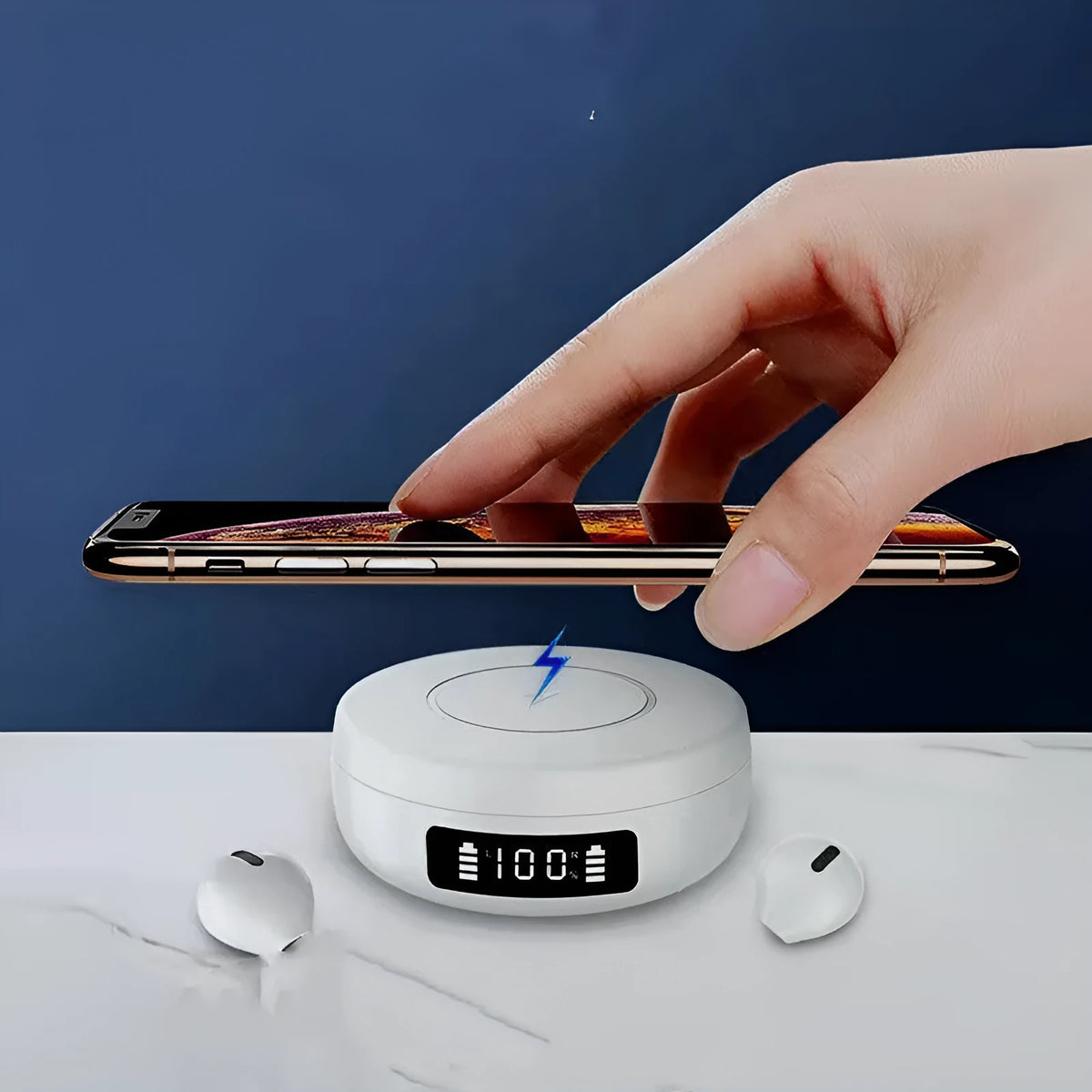 Mini small semi-in-ear wireless headphones with wireless charging case in black, white or colour