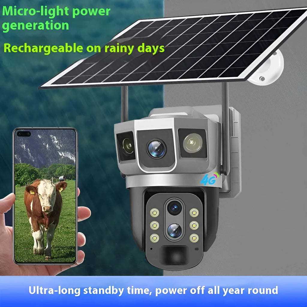 V380 4G outdoor security camera with solar panel showing three-screen monitor display