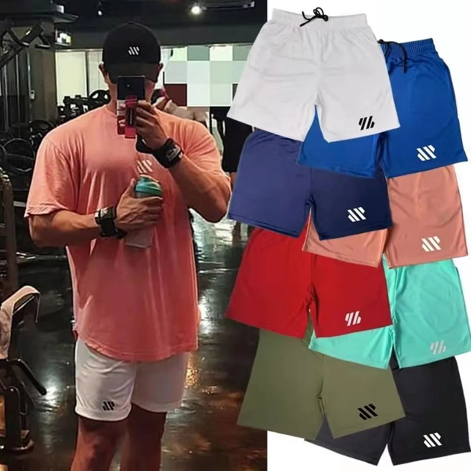 Loose fit metal silk fabric sports shorts for running in multiple colours on a size chart background.