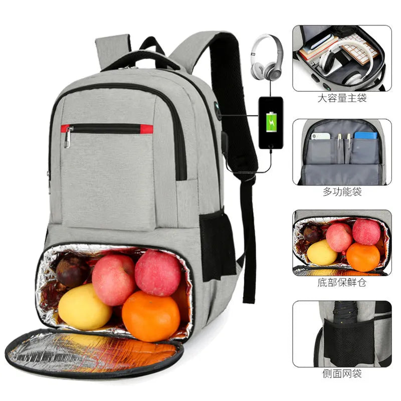Light grey insulated Oxford cloth backpack with curved shoulder straps and dry-wet separation compartments