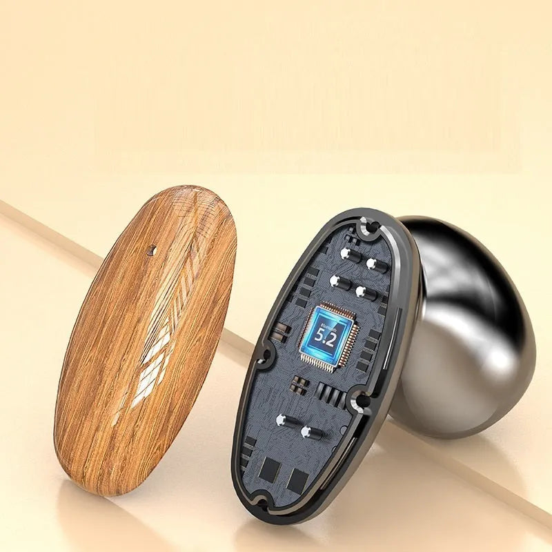M35 wood grain finish True Wireless Stereo Bluetooth earphones and charging case on a table.