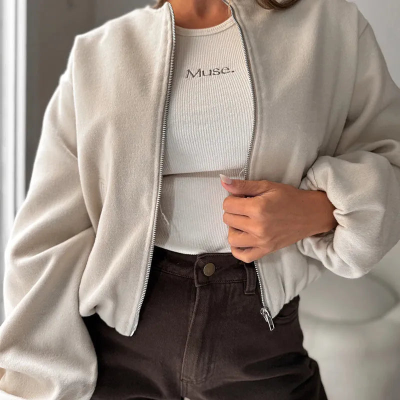 Women's off-shoulder coat with lantern sleeves in polyester fabric, shown in milky white colour with round neck and loose fit