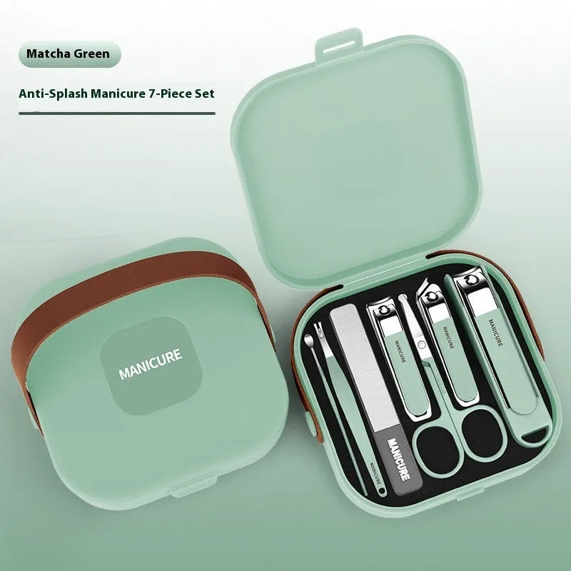 Anti-splash portable household fingernail maintenance kit showing multiple nail tools in brown, white and green colours