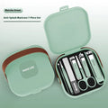 Anti-splash portable household fingernail maintenance kit showing multiple nail tools in brown, white and green colours